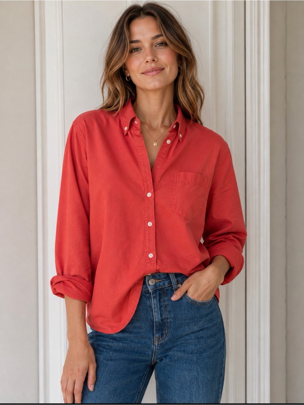 XL cotton Long Sleeve Button down top No Iron Shirt Vibrant Red salmon  LL Bean